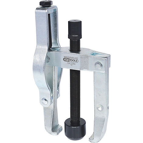 Werkzeug, ein Abzieher. Metall mit schwarzem Drehknopf und Schraube.